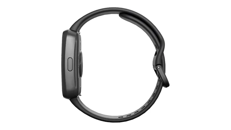 Side profile of the smartwatch showing the slim black case, curved design, and side button Side profile of the smartwatch showing the slim black case, curved design, and side button