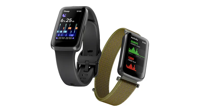 Two smartwatches displayed together, showcasing interchangeable black silicone and olive woven bands Two smartwatches displayed together, showcasing interchangeable black silicone and olive woven bands