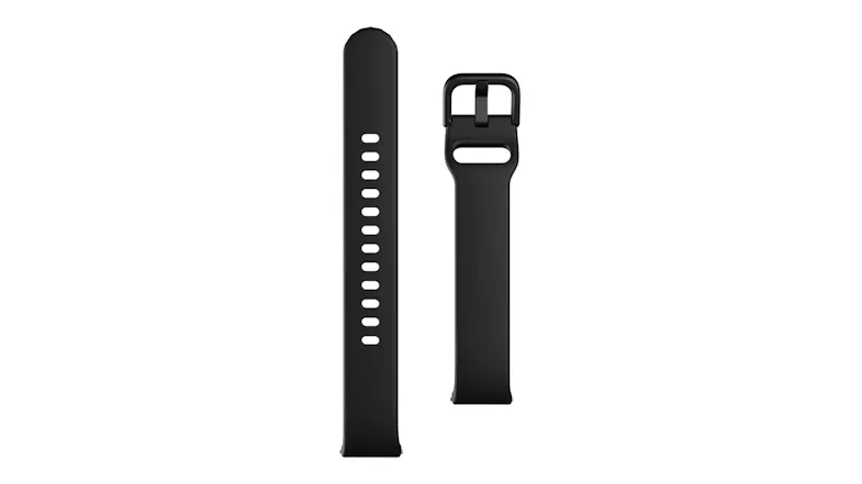 Black silicone replacement watch band displayed separately, showing the adjustable strap and multiple sizing holes Black silicone replacement watch band displayed separately, showing the adjustable strap and multiple sizing holes