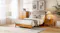 Mid-century bedroom furniture set with wooden bed frame, two-drawer bedside table and tall chest of drawers Mid-century bedroom furniture set with wooden bed frame, two-drawer bedside table and tall chest of drawers