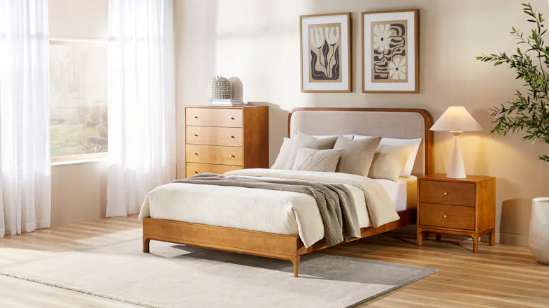 Mid-century bedroom furniture set with wooden bed frame, two-drawer bedside table and tall chest of drawers Mid-century bedroom furniture set with wooden bed frame, two-drawer bedside table and tall chest of drawers
