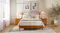 Mid-century wooden bed frame with upholstered headboard and matching two-drawer bedside tables, front room view Mid-century wooden bed frame with upholstered headboard and matching two-drawer bedside tables, front room view