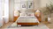 Mid-century wooden bed frame with integrated extended upholstered headboard panels and matching bedside tables Mid-century wooden bed frame with integrated extended upholstered headboard panels and matching bedside tables