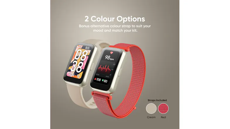Promotional image featuring the Ryze Elevate (Gen 2) SmartWatch in cream and red band styles Promotional image featuring the Ryze Elevate (Gen 2) SmartWatch in cream and red band styles