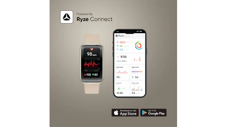 Smartwatch shown beside a smartphone running the Ryze Connect app, demonstrating Bluetooth connectivity Smartwatch shown beside a smartphone running the Ryze Connect app, demonstrating Bluetooth connectivity