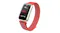 Angled view of the smartwatch featuring a cream case and red band Angled view of the smartwatch featuring a cream case and red band