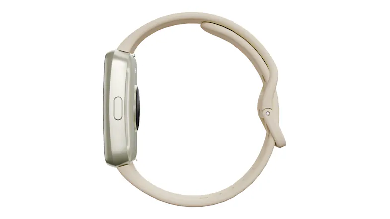 Side profile of the Ryze SmartWatch showing the slim cream case, side button, curved shape, and ergonomic fit Side profile of the Ryze SmartWatch showing the slim cream case, side button, curved shape, and ergonomic fit