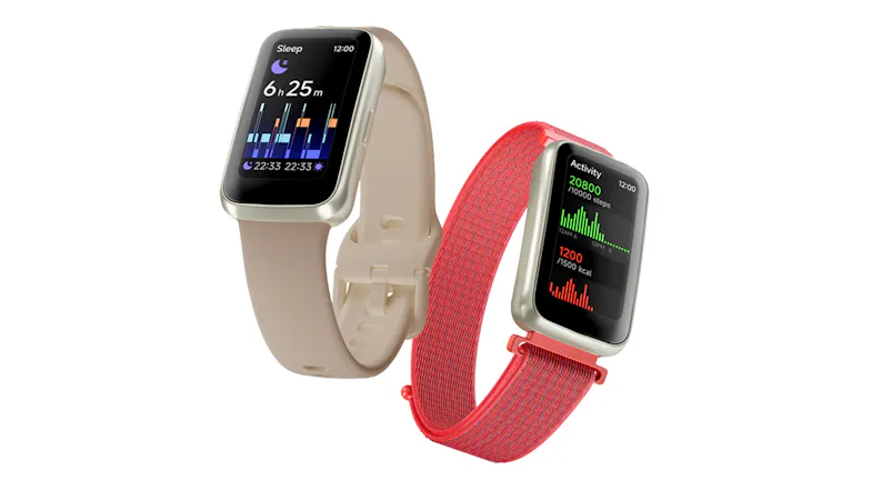 Two smartwatches displayed together, showcasing cream silicone and red woven band options Two smartwatches displayed together, showcasing cream silicone and red woven band options
