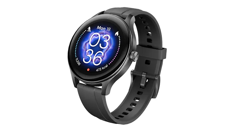 Angled front view of the Ryze Flex (Gen 2) SmartWatch featuring a black case and black silicone band Angled front view of the Ryze Flex (Gen 2) SmartWatch featuring a black case and black silicone band