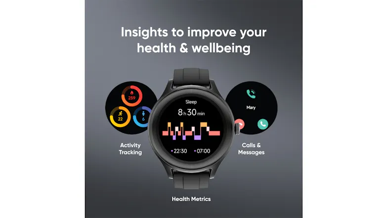 Feature graphic displaying the smartwatch surrounded by health and fitness metrics, including activity tracking Feature graphic displaying the smartwatch surrounded by health and fitness metrics, including activity tracking