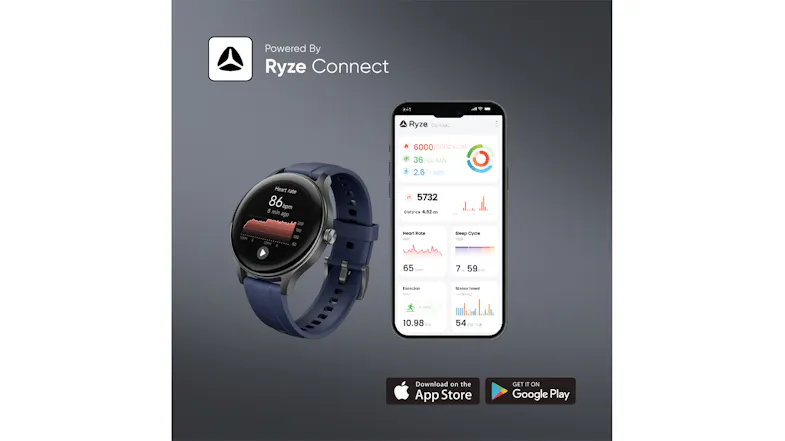 Flex (Gen 2) SmartWatch displayed beside a smartphone running the Ryze Connect app Flex (Gen 2) SmartWatch displayed beside a smartphone running the Ryze Connect app