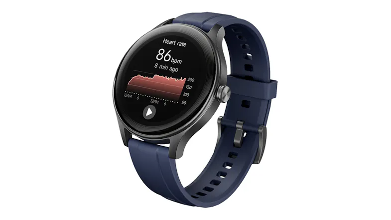 Angled view of the Ryze SmartWatch with a black case and blue silicone band Angled view of the Ryze SmartWatch with a black case and blue silicone band