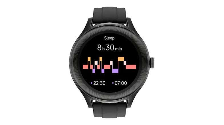 Front-facing smartwatch display showing fitness and activity metrics on the round touchscreen Front-facing smartwatch display showing fitness and activity metrics on the round touchscreen