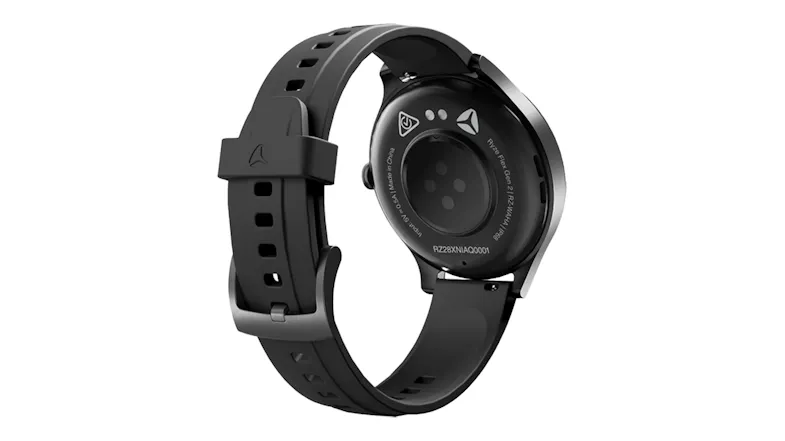 Rear angled view of the smartwatch, highlighting the optical sensor array and charging contacts on the underside Rear angled view of the smartwatch, highlighting the optical sensor array and charging contacts on the underside