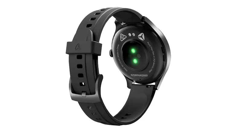 Back view of the smartwatch with illuminated health sensors visible, showcasing biometric tracking capabilities Back view of the smartwatch with illuminated health sensors visible, showcasing biometric tracking capabilities
