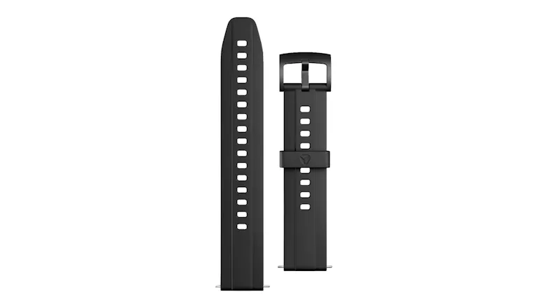 Black silicone replacement watch band displayed separately, featuring an adjustable strap and buckle closure Black silicone replacement watch band displayed separately, featuring an adjustable strap and buckle closure