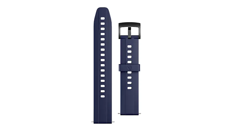 Blue silicone replacement watch band displayed separately, highlighting the interchangeable design Blue silicone replacement watch band displayed separately, highlighting the interchangeable design