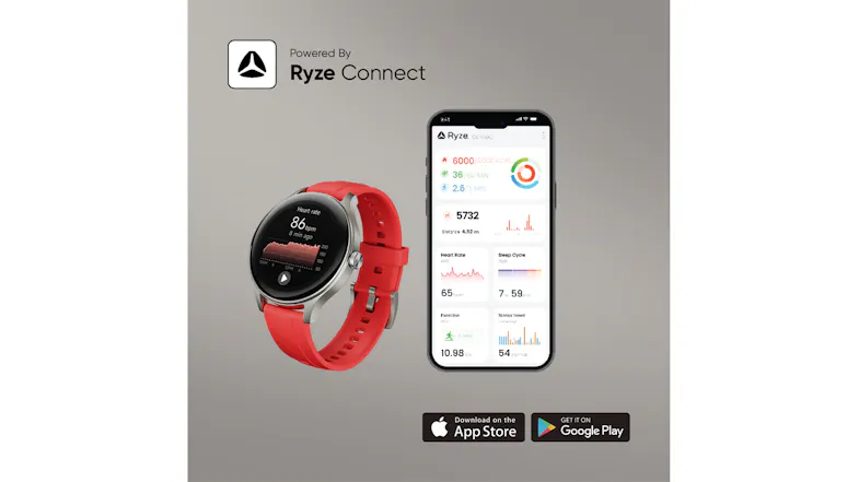 Flex (Gen 2) SmartWatch displayed beside a smartphone running the Ryze Connect app Flex (Gen 2) SmartWatch displayed beside a smartphone running the Ryze Connect app