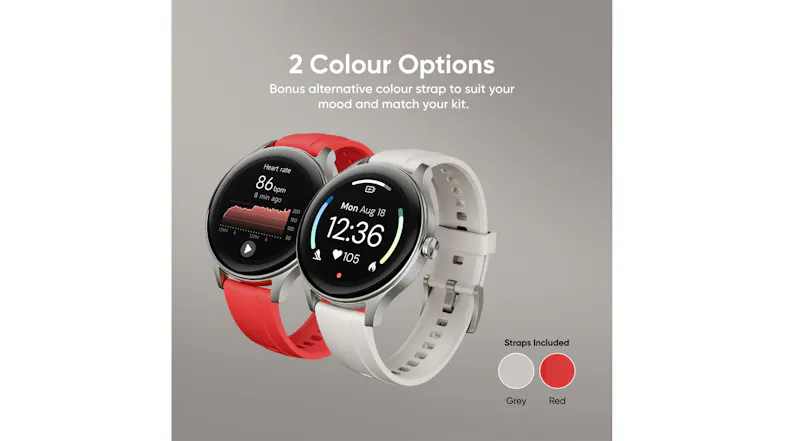 Promotional image featuring the Ryze Flex (Gen 2) SmartWatch with grey and red band options Promotional image featuring the Ryze Flex (Gen 2) SmartWatch with grey and red band options