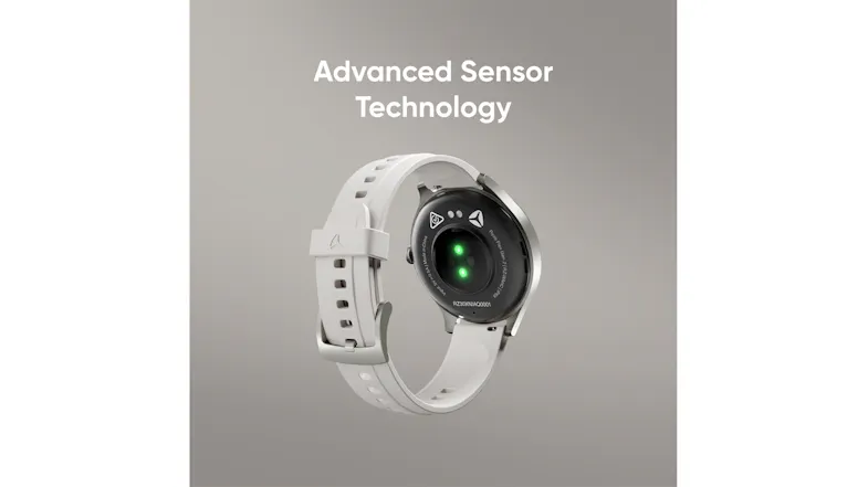 Promotional graphic highlighting the smartwatch's advanced sensor technology, with illuminated rear sensors Promotional graphic highlighting the smartwatch's advanced sensor technology, with illuminated rear sensors