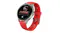 Smartwatch with a grey case and red silicone band shown at an angle Smartwatch with a grey case and red silicone band shown at an angle