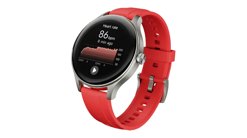 Smartwatch with a grey case and red silicone band shown at an angle Smartwatch with a grey case and red silicone band shown at an angle