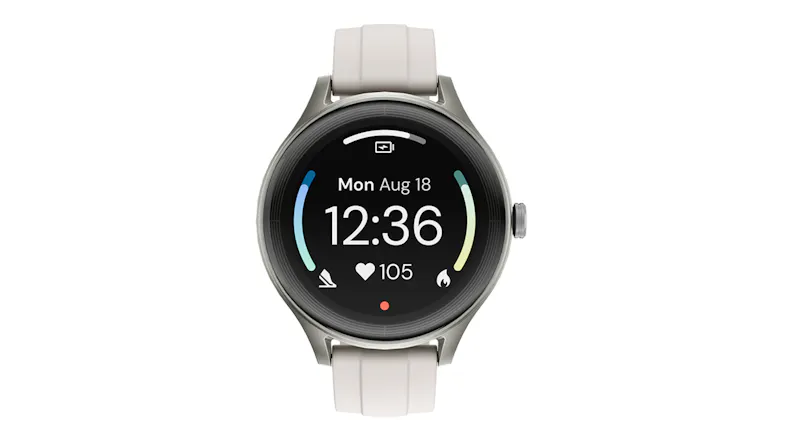 Front view of the smartwatch featuring a grey case and grey band Front view of the smartwatch featuring a grey case and grey band