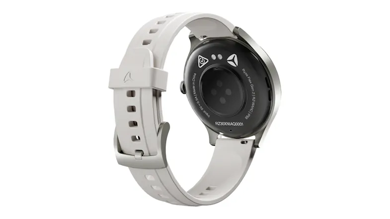 Rear angled view of the smartwatch, highlighting the optical sensor array and charging contacts on the underside Rear angled view of the smartwatch, highlighting the optical sensor array and charging contacts on the underside