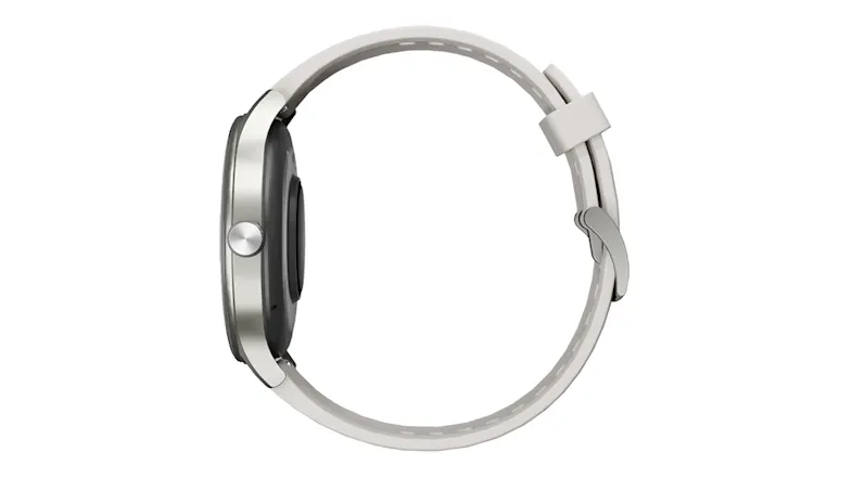 Side profile of the smartwatch showing the slim grey case, side button, and curved design Side profile of the smartwatch showing the slim grey case, side button, and curved design