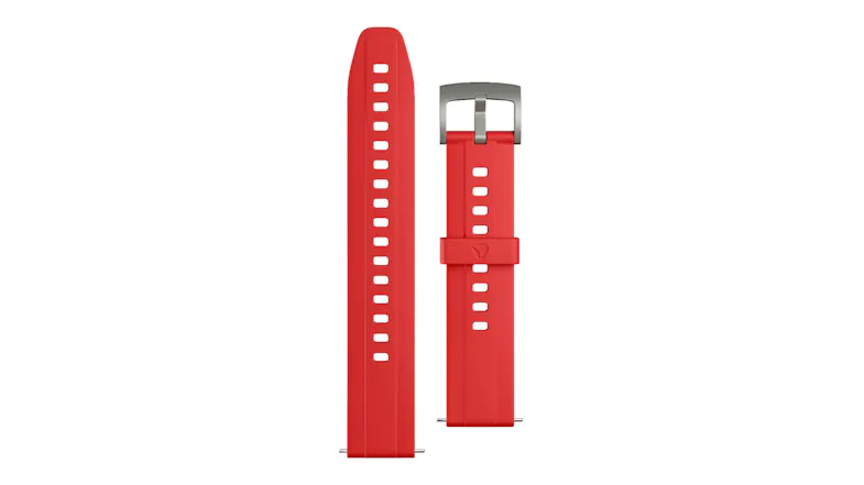 Red silicone replacement watch band displayed separately, featuring an adjustable strap and buckle closure Red silicone replacement watch band displayed separately, featuring an adjustable strap and buckle closure