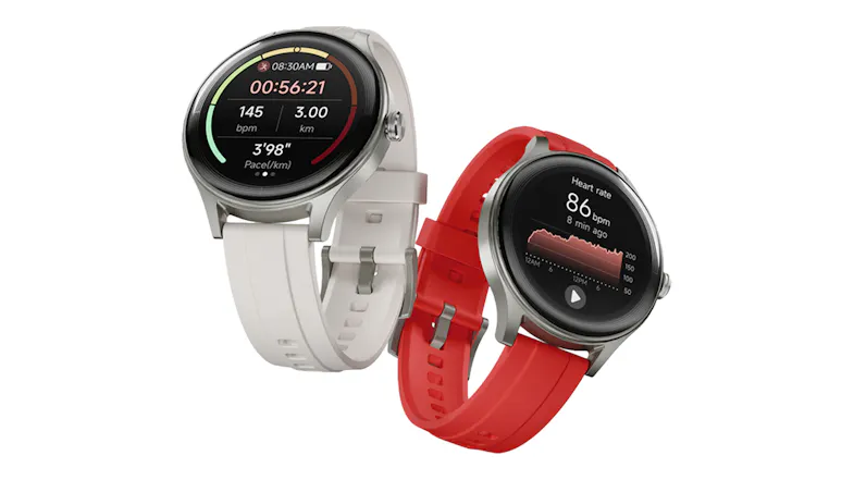 Two smartwatches displayed together with grey and red band options, highlighting interchangeable straps Two smartwatches displayed together with grey and red band options, highlighting interchangeable straps