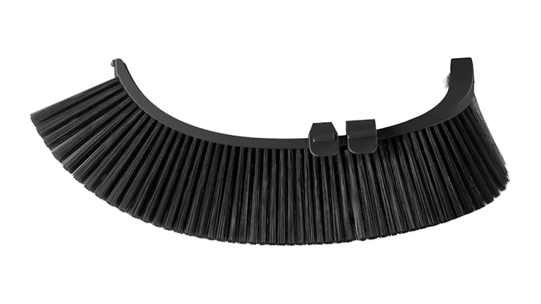 Front View of a black curved replacement side brush with dense bristles and dual mounting clips Front View of a black curved replacement side brush with dense bristles and dual mounting clips