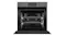 Open grey built-in oven showing two metal wire racks inside and a digital touchscreen display at the top Open grey built-in oven showing two metal wire racks inside and a digital touchscreen display at the top