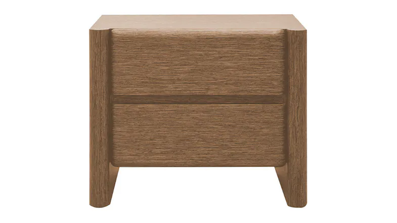 Gia 2 Drawer Bedside Table in a white oak finish, featuring a curved-frame design with rounded edges Gia 2 Drawer Bedside Table in a white oak finish, featuring a curved-frame design with rounded edges