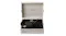 Cream portable record player with open lid, built-in speaker grille and vinyl record Cream portable record player with open lid, built-in speaker grille and vinyl record