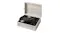 Cream suitcase-style record player with open lid and black vinyl record Cream suitcase-style record player with open lid and black vinyl record