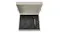 Top-down view of cream portable turntable showing platter, tonearm and control panel with open lid Top-down view of cream portable turntable showing platter, tonearm and control panel with open lid