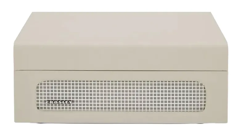 Cream portable turntable with closed case design and integrated front speaker grille Cream portable turntable with closed case design and integrated front speaker grille
