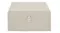 Cream suitcase-style record player with closed lid and silver front latch Cream suitcase-style record player with closed lid and silver front latch
