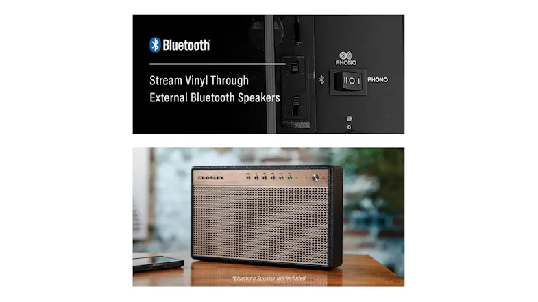 Bluetooth turntable feature graphic showing wireless vinyl streaming to external Bluetooth speakers and controls Bluetooth turntable feature graphic showing wireless vinyl streaming to external Bluetooth speakers and controls