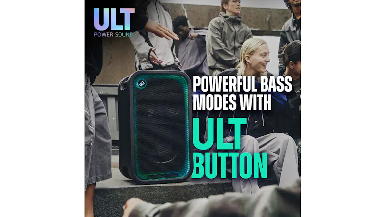 A group of people enjoying music with text “Powerful Bass Modes with ULT button” A group of people enjoying music with text “Powerful Bass Modes with ULT button”
