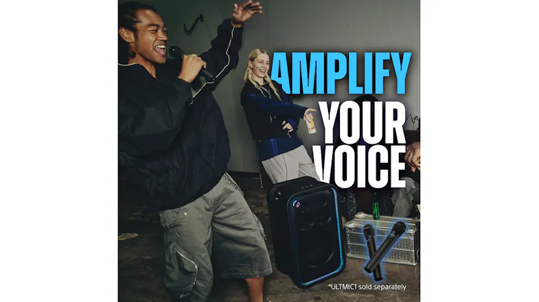 A man doing karaoke with the Sony Speaker, text reads “Amplify your voice” A man doing karaoke with the Sony Speaker, text reads “Amplify your voice”