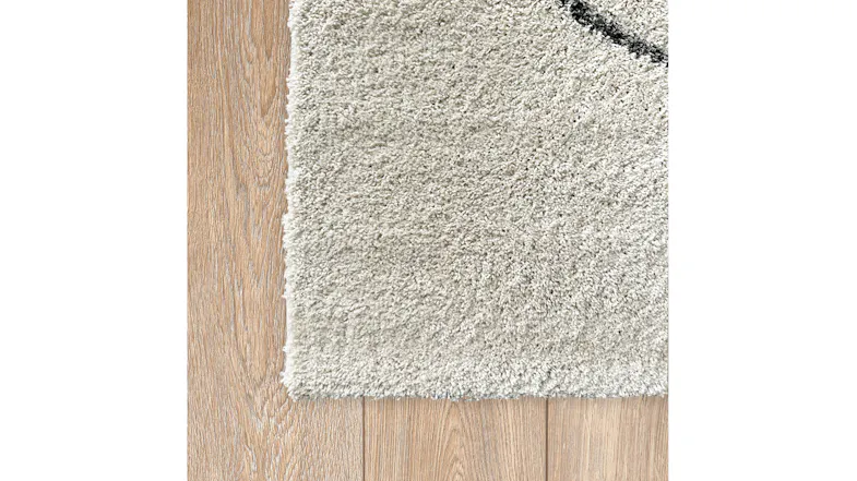 Corner view of the rug on a wooden floor showcasing the bordered edge Corner view of the rug on a wooden floor showcasing the bordered edge
