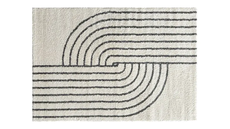 Beaumont Modern Rug in cream and charcoal featuring a bold abstract line pattern with curved and straight geometric forms Beaumont Modern Rug in cream and charcoal featuring a bold abstract line pattern with curved and straight geometric forms