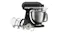 Front view of the matte black KitchenAid KSM50 Artisan Plus Tilt-Head 4.7L Stand Mixer with a stainless steel bowl and included whisk, paddle, and dough hook Front view of the matte black KitchenAid KSM50 Artisan Plus Tilt-Head 4.7L Stand Mixer with a stainless steel bowl and included whisk, paddle, and dough hook