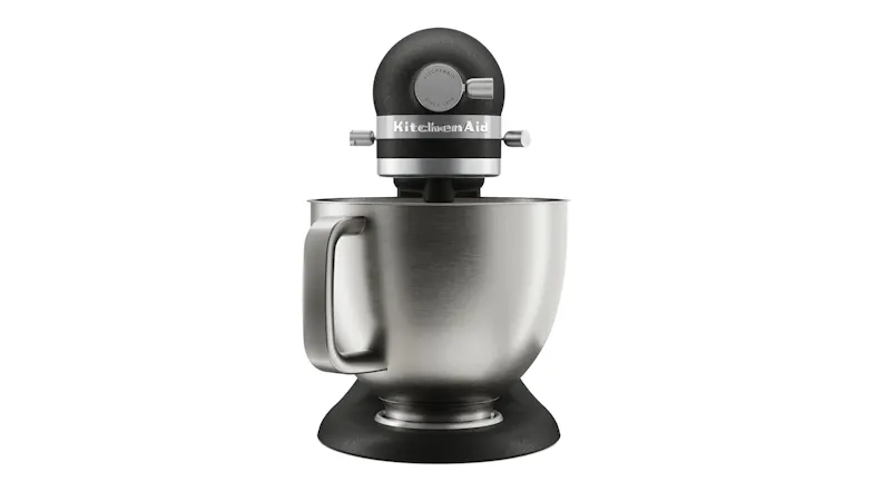 Rear view of the KitchenAid mixer with a stainless steel mixing bowl and handle Rear view of the KitchenAid mixer with a stainless steel mixing bowl and handle