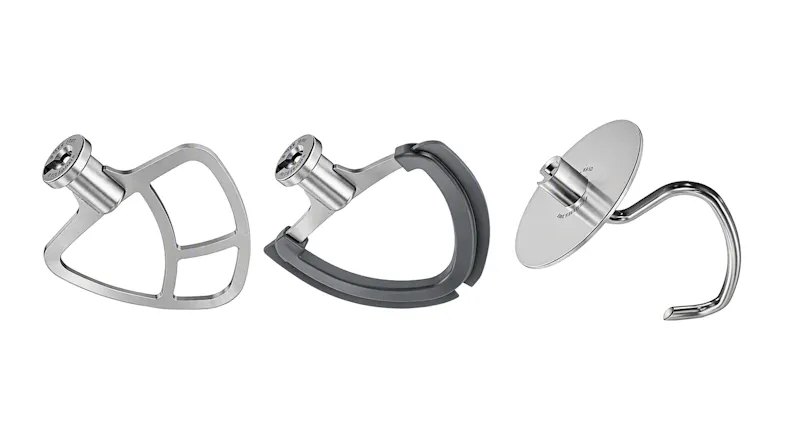 Front view of KitchenAid flat beater, flex edge beater, and dough hook attachments in silver Front view of KitchenAid flat beater, flex edge beater, and dough hook attachments in silver