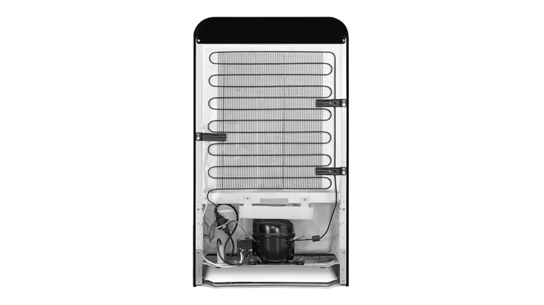 Rear view of a black SMEG mini fridge, showing the condenser coils and compressor assembly Rear view of a black SMEG mini fridge, showing the condenser coils and compressor assembly