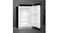Angled view of a black SMEG compact refrigerator with the door open, showing interior storage shelves and racks Angled view of a black SMEG compact refrigerator with the door open, showing interior storage shelves and racks