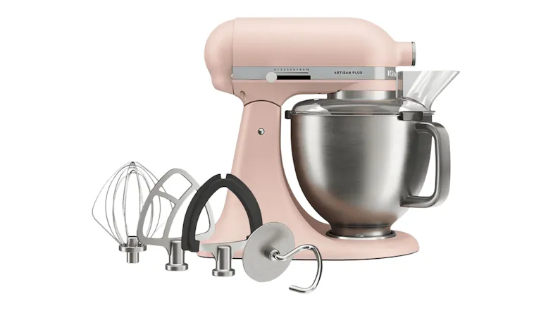 Front view of the Feathered Pink KitchenAid KSM50 Artisan Plus Tilt-Head 4.7L Stand Mixer with stainless steel bowl, pouring shield, and attachments Front view of the Feathered Pink KitchenAid KSM50 Artisan Plus Tilt-Head 4.7L Stand Mixer with stainless steel bowl, pouring shield, and attachments